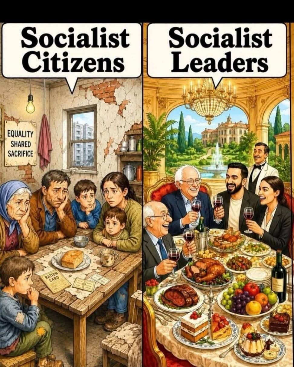 The image is a political cartoon titled 'Socialist Citizens' and 'Socialist Leaders'. On the left, under 'Socialist Citizens', a poor family is depicted in a dilapidated room, looking sad and hungry, with a 'RATION CARD' on their table and a sign on the wall stating 'EQUALITY SHARED SACRIFICE'. On the right, under 'Socialist Leaders', well-dressed 