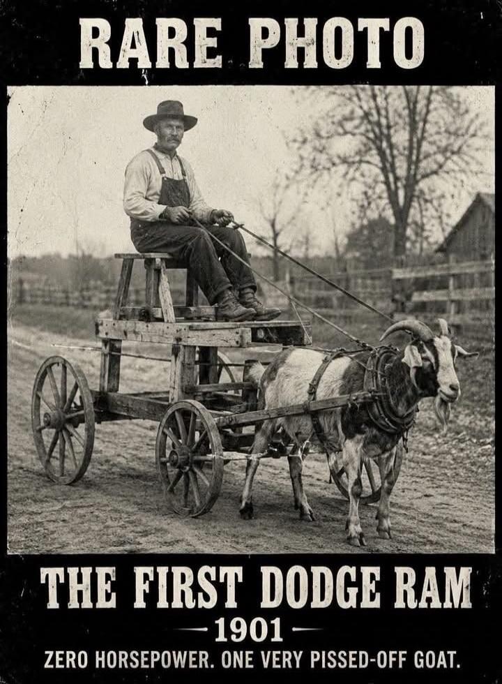 RARE PHOTO THE FIRST DODGE RAM 1901 ZERO HORSEPOWER. ONE VERY PISSED-OFF GOAT.