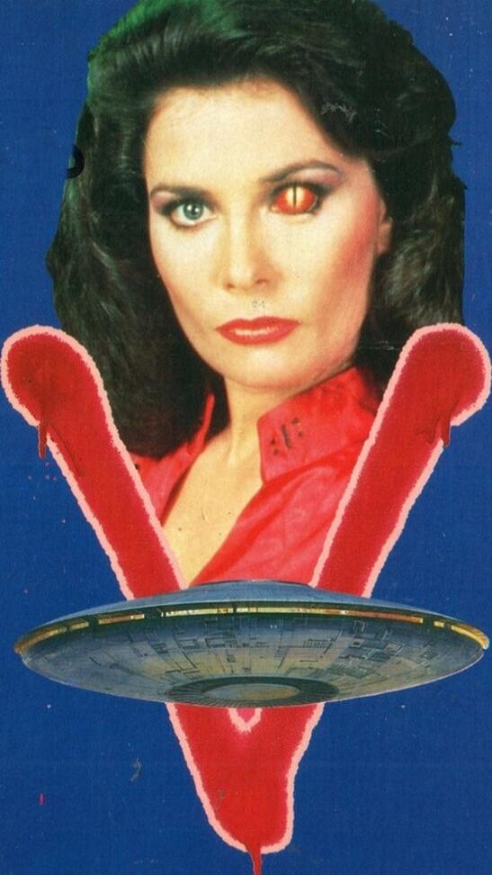 A vintage sci-fi collage: a woman's face with one red glowing eye, a bold red V shape behind her, and a flying saucer hovering in front.