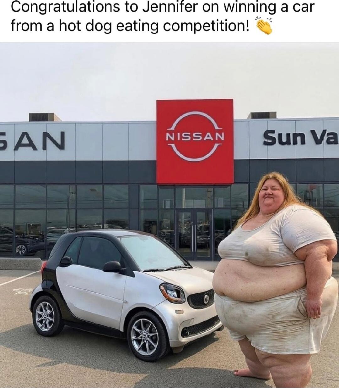 Congratulations to Jennifer on winning a car from a hot dog eating competition! 👏
