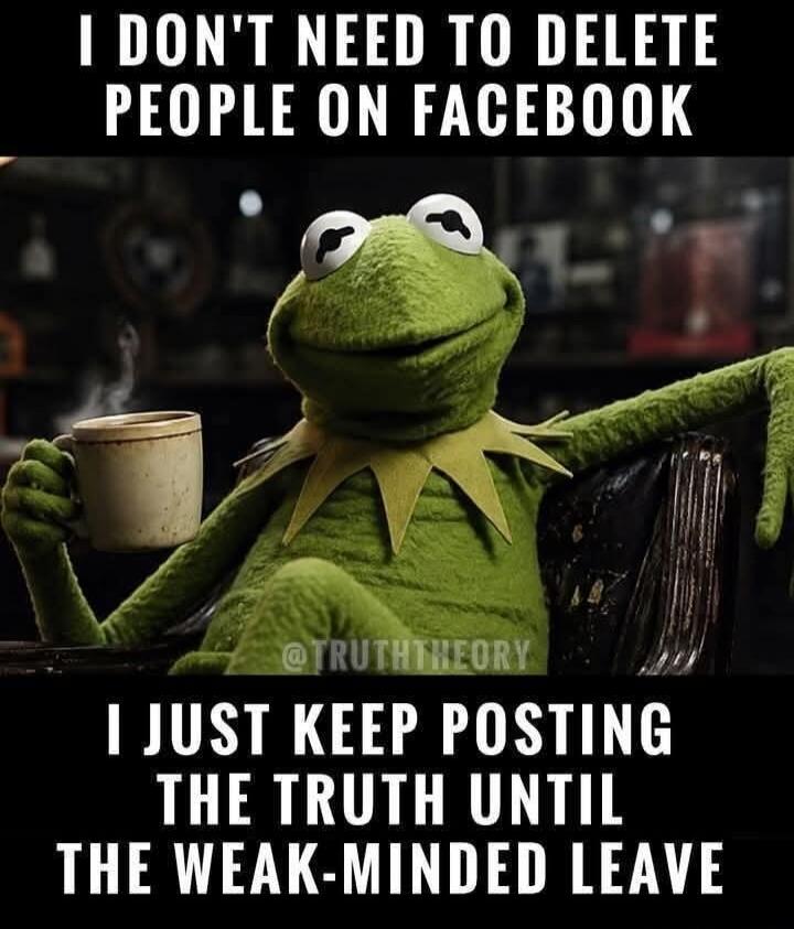 I DON'T NEED TO DELETE PEOPLE ON FACEBOOK I JUST KEEP POSTING THE TRUTH UNTIL THE WEAK-MINDED LEAVE @TRUTHTHEORY