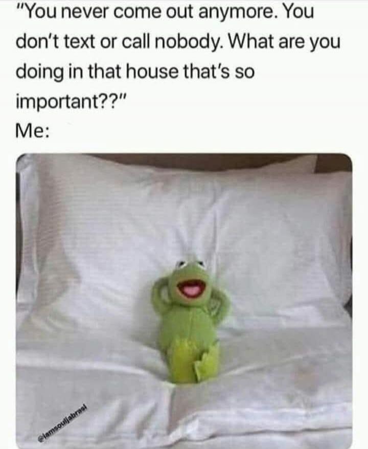 You never come out anymore. You don’t text or call nobody. What are you doing in that house that's so important?? Me: