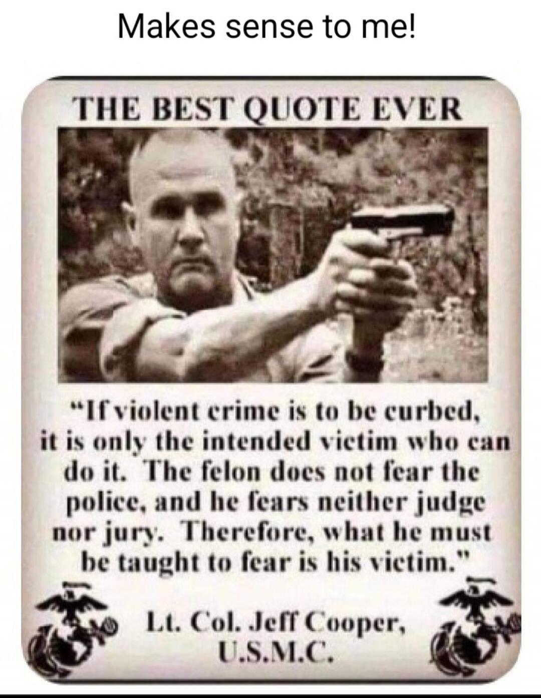 Makes sense to me! THE BEST QUOTE EVER. If violent crime is to be curbed, it is only the intended victim who can do it. The felon does not fear the police, and he fears neither judge nor jury. Therefore, what he must be taught to fear is his victim. Lt. Col. Jeff Cooper, U.S.M.C.
