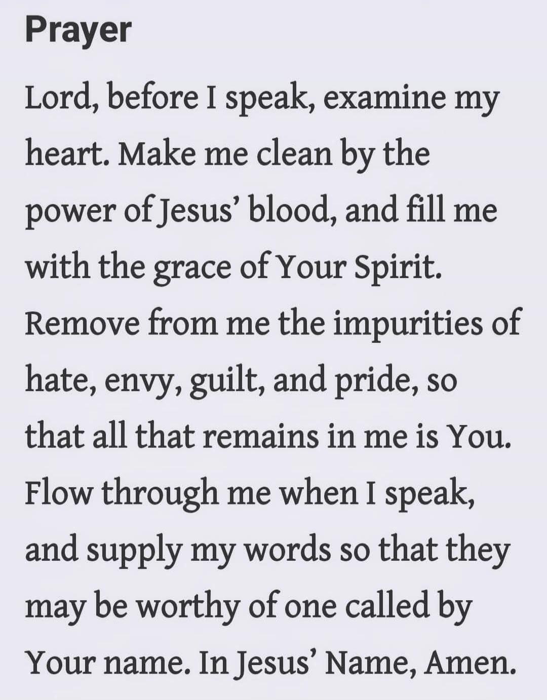 Prayer

Lord, before I speak, examine my heart. Make me clean by the power of Jesus’ blood, and fill me with the grace of Your Spirit. Remove from me the impurities of hate, envy, guilt, and pride, so that all that remains in me is You. Flow through me when I speak, and supply my words so that they may be worthy of one called by Your name. In Jesus