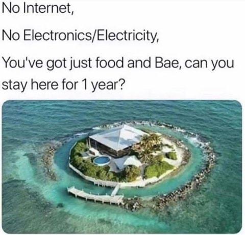 No Internet No ElectronicsElectricity Youve got just food and Bae can you stay here for 1 year