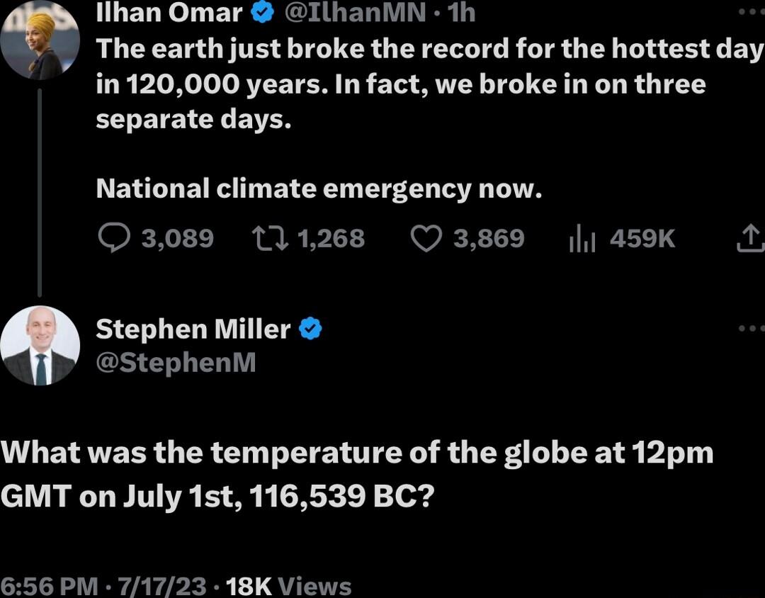 lihan Omar IthanMN 1h a The earth just broke the record for the hottest day 120000 years In fact we broke in on three separate days National climate emergency now 3089 111268 3869 459K s 5 Stephen Miller StephenM What was the temperature of the globe at 12pm GMT on July 1st 116539 BC 56 PM 71723 18K Views