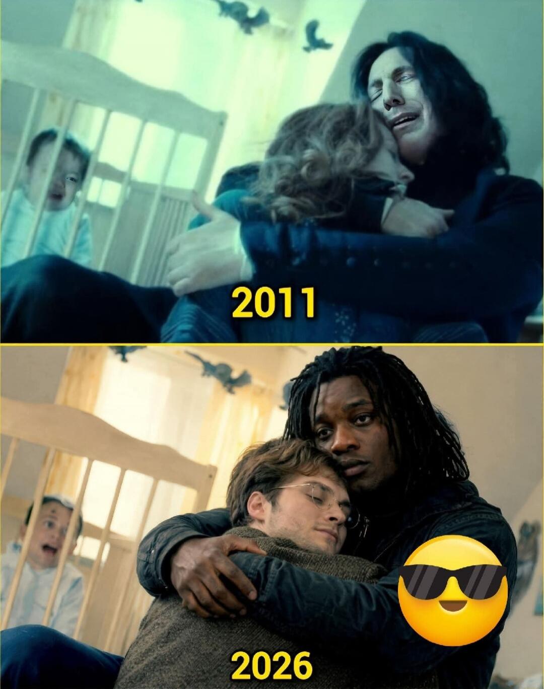 2011. A man with long dark hair is crying and hugging a woman. A baby is in a crib in the background. 2026. A man with dreadlocks is hugging another man with glasses. A baby in a crib in the background looks surprised. There is a cool emoji with sunglasses.