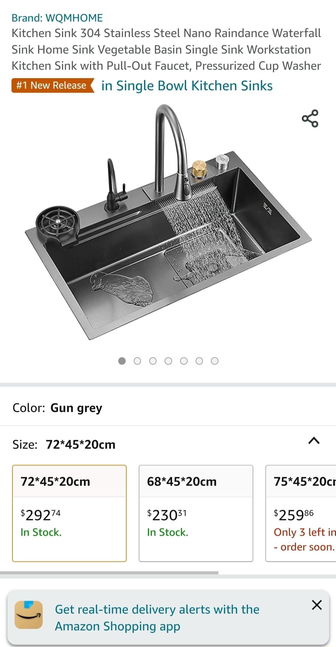 Brand WQMHOME Kitchen Sink 304 Stainless Steel Nano Raindance Waterfall Sink Home Sink Vegetable Basin Single Sink Workstation Kitchen Sink with Pull Out Faucet Pressurized Cup Washer EITEEEX in Single Bowl Kitchen Sinks Color Gun grey Size 724520cm 724520cm 684520cm 29274 230 In Stock In Stock Get real time delivery alerts with the Amazon Shopping app 754520c 25986 Only 3 left in order soon
