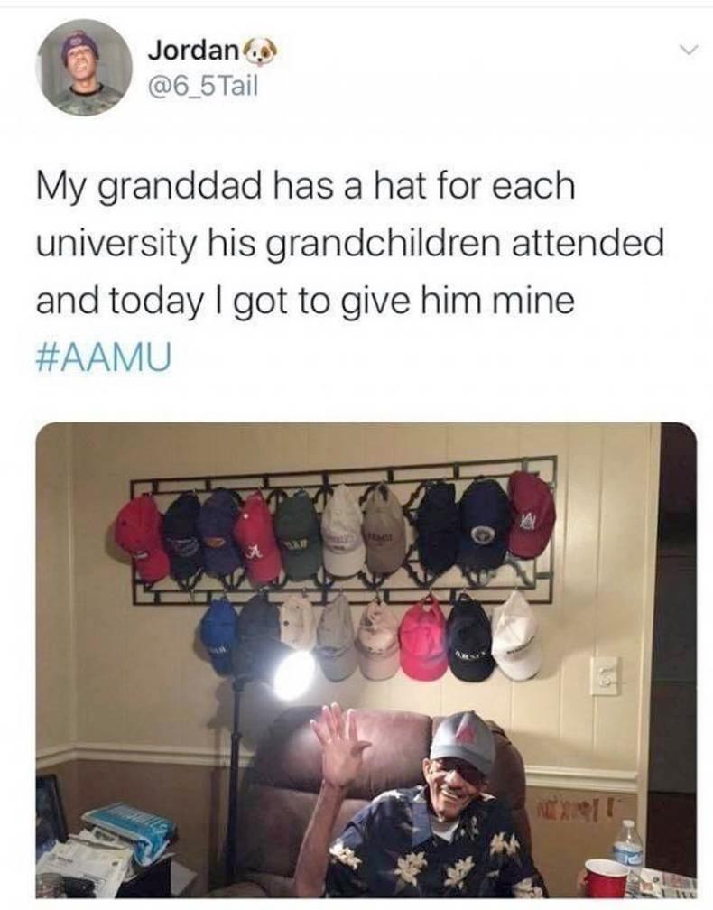 Jordang 6_5Tail My granddad has a hat for each university his grandchildren attended and today got to give him mine AAMU