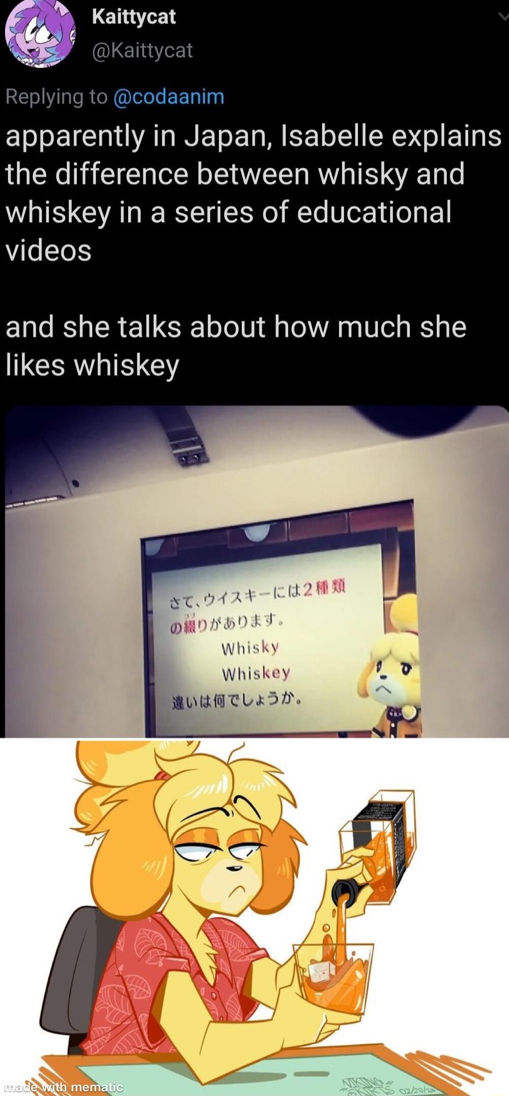 LETTx1 E LI ANNEER R EETE RS GIET S the difference between whisky and whiskey in a series of educational videos and she talks about how much she likes whiskey Whiskey BUBATLESD i