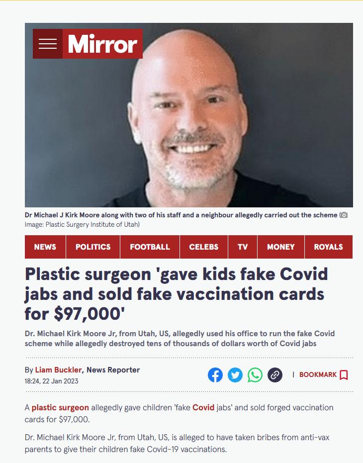 3 ik Moors longwith to o L t Plastic surgeon gave kids fake Covid jabs and sold fake vaccination cards for 97000 Dr Michael Kirk MoareJr from Uah schome whilealegedly destroyed tr ey used his offce to run the fake Covid 000 e Govid absand sod forged vaccination o bribes from anti vax