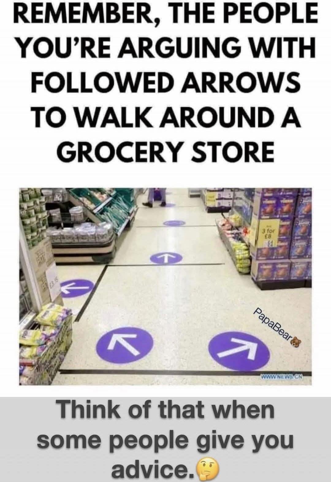 REMEMBER, THE PEOPLE YOU'RE ARGUING WITH FOLLOWED ARROWS TO WALK AROUND A GROCERY STORE Think of that when some people give you advice. 🤔