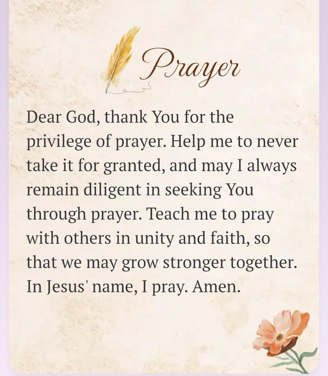 Prayer
Dear God, thank You for the privilege of prayer. Help me to never take it for granted, and may I always remain diligent in seeking You through prayer. Teach me to pray with others in unity and faith, so that we may grow stronger together. In Jesus' name, I pray. Amen.