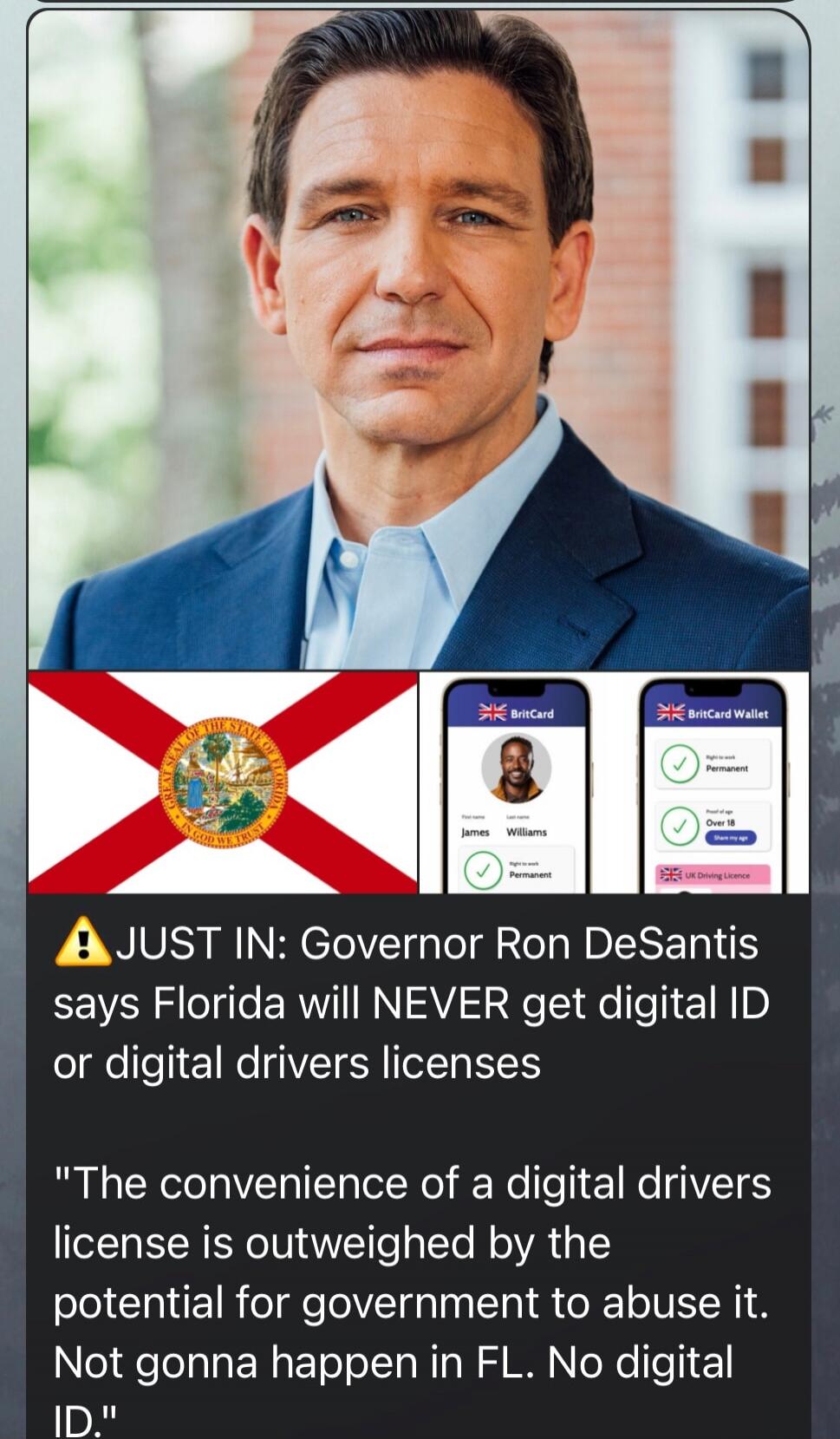 ⚠️ JUST IN: Governor Ron DeSantis says Florida will NEVER get digital ID or digital drivers licenses

