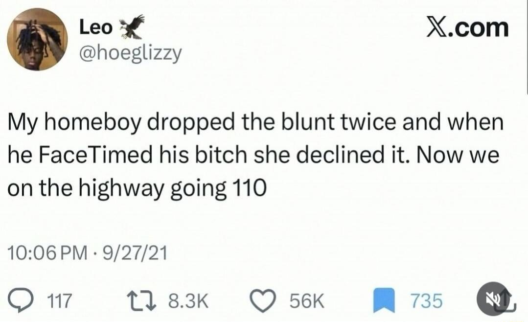 My homeboy dropped the blunt twice and when he FaceTimed his bitch she declined it. Now we on the highway going 110