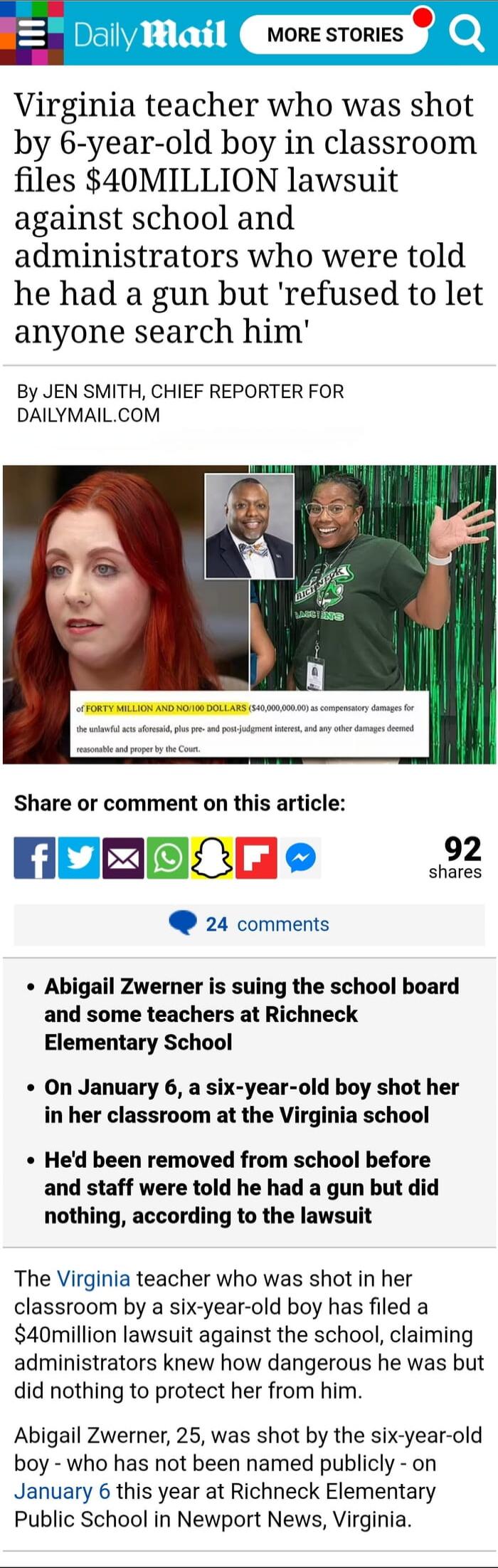 Virginia teacher who was shot by 6-year-old boy in classroom files $40MILLION lawsuits against school and administrators who were told he had a gun but 'refused to let anyone search him' By JEN SMITH, CHIEF REPORTER FOR DAILYMAIL.COM