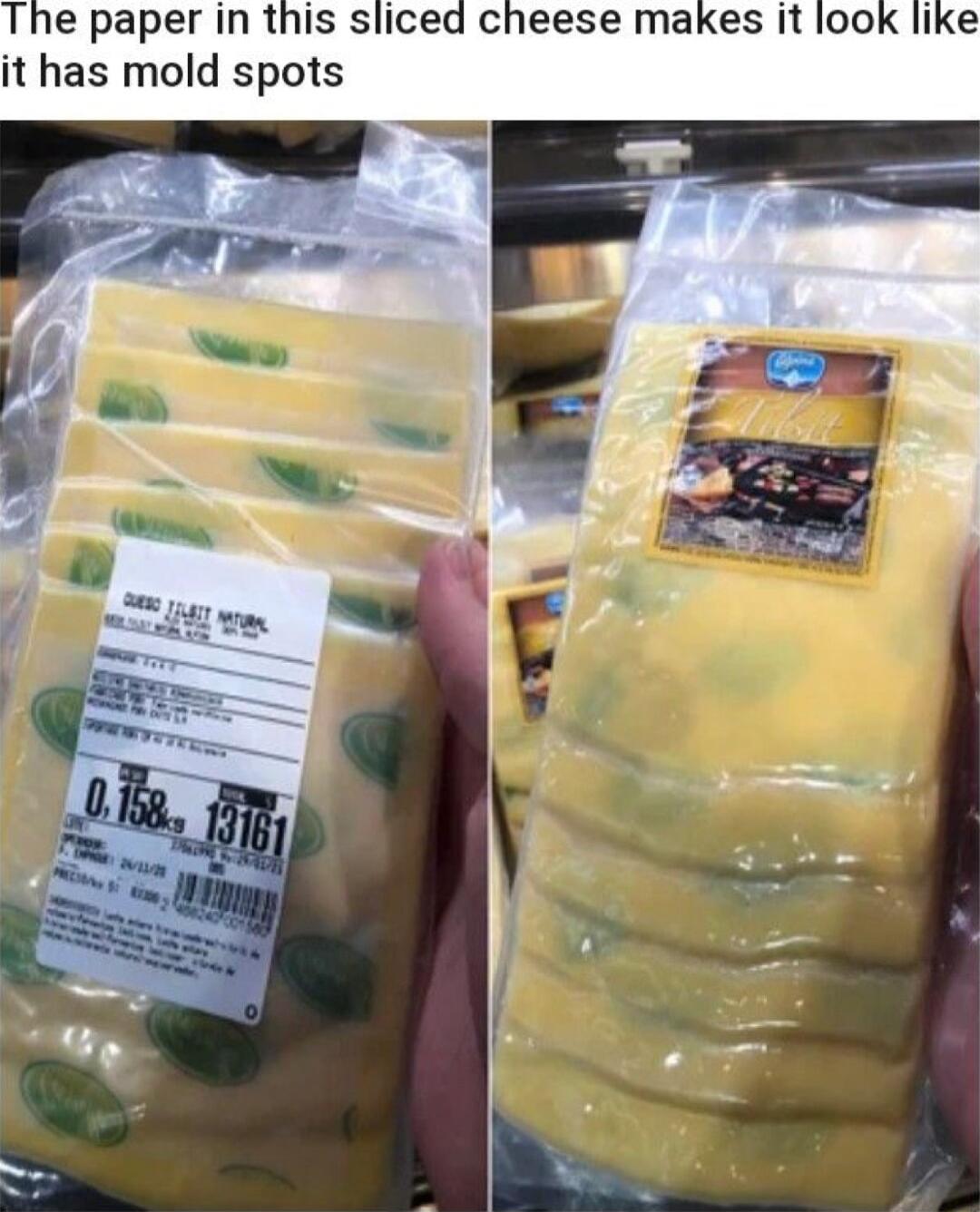 The paper in this sliced cheese makes it lool it has mold spots