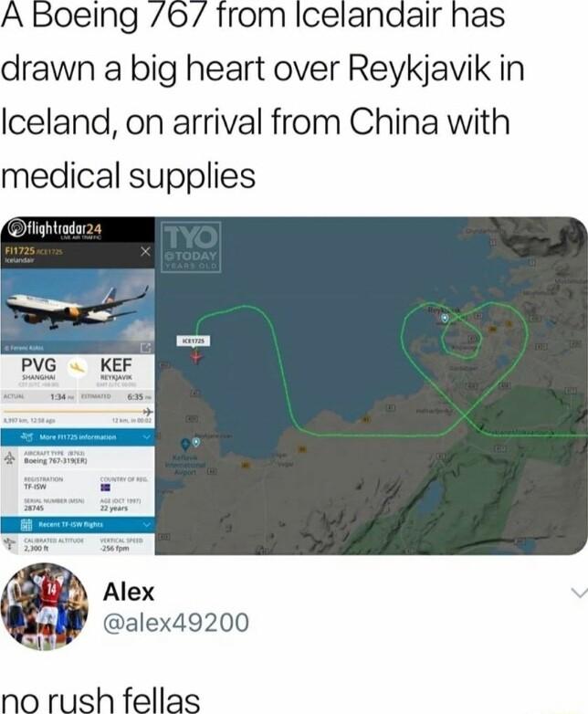 A Boeing 6 from Icelandair has drawn a big heart over Reykjavik in Iceland on arrival from China with medical supplies Alex alex49200 no rush fellas