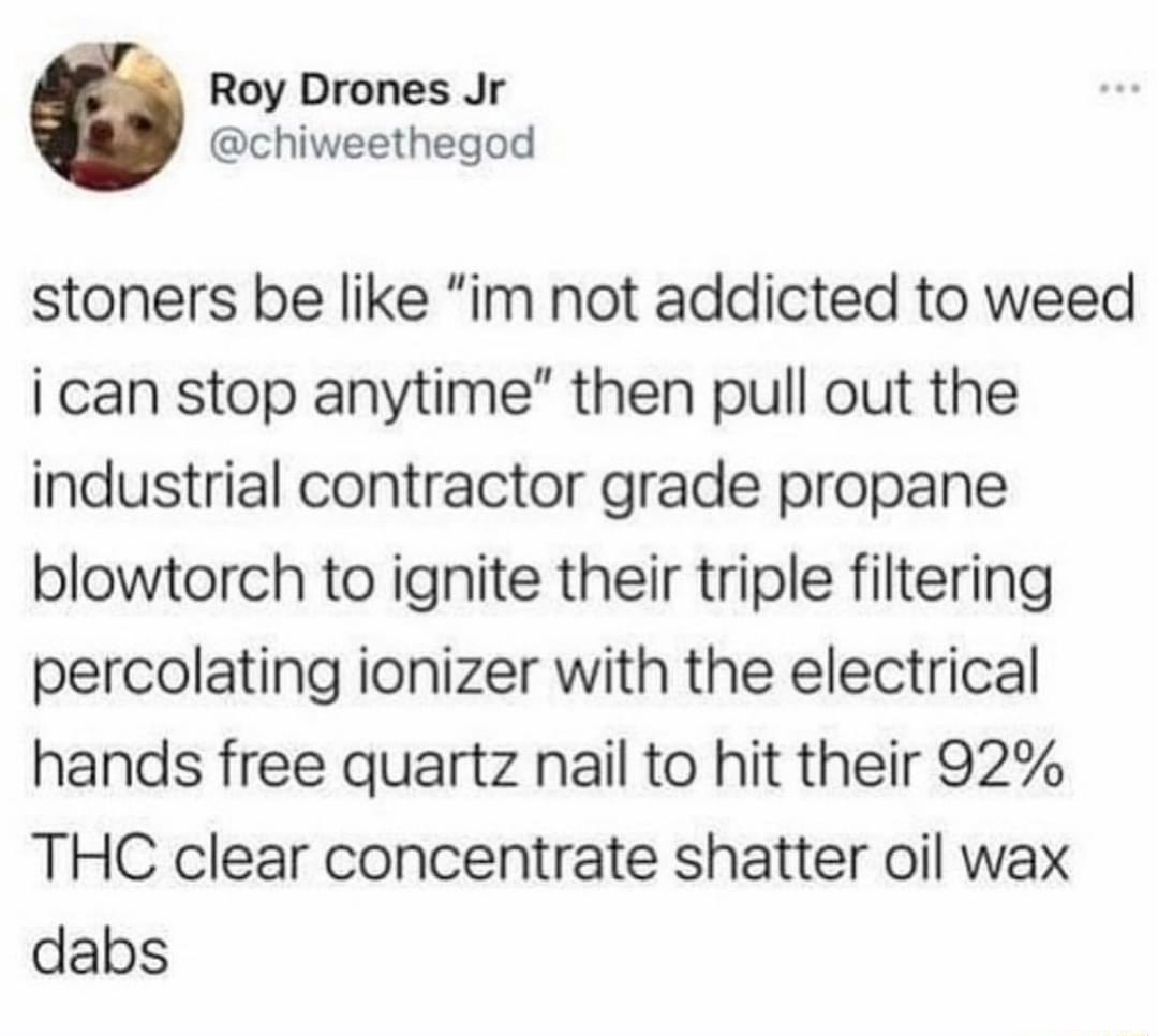 Roy Drones Jr chiweethegod stoners be like im not addicted to weed i can stop anytime then pull out the industrial contractor grade propane blowtorch to ignite their triple filtering percolating ionizer with the electrical hands free quartz nail to hit their 92 THC clear concentrate shatter oil wax dabs