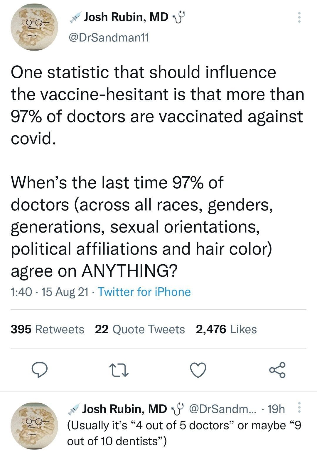 v Josh Rubin MD DrSandmanii One statistic that should influence the vaccine hesitant is that more than 97 of doctors are vaccinated against covid Whens the last time 97 of doctors across all races genders generations sexual orientations political affiliations and hair color agree on ANYTHING 140 15 Aug 21 Twitter for iPhone 395 Retweets 22 Quote Tweets 2476 Likes O L t 5 Josh Rubin MD 1Y DrSandm 1