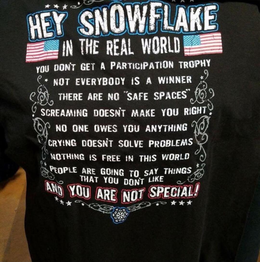 HEY SNOWFLAKE
IN THE REAL WORLD
YOU DON'T GET A PARTICIPATION TROPHY
NOT EVERYBODY IS A WINNER
THERE ARE NO 'SAFE SPACES'
SCREAMING DOESN'T MAKE YOU RIGHT
NO ONE OWES YOU ANYTHING
CRYING DOESN'T SOLVE PROBLEMS
NOTHING IS FREE IN THIS WORLD
PEOPLE ARE GOING TO SAY THINGS
THAT YOU DON'T LIKE
AND YOU ARE NOT SPECIAL!