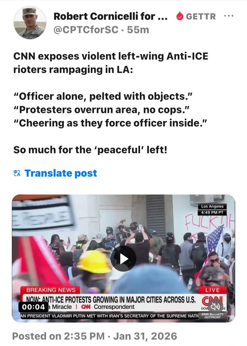 CNN exposes violent left-wing Anti-ICE rioters rampaging in LA:  “Officer alone, pelted with objects.”  “Protesters overrun area, no cops.”  “Cheering as they force officer inside.”  So much for the ‘peaceful’ left!