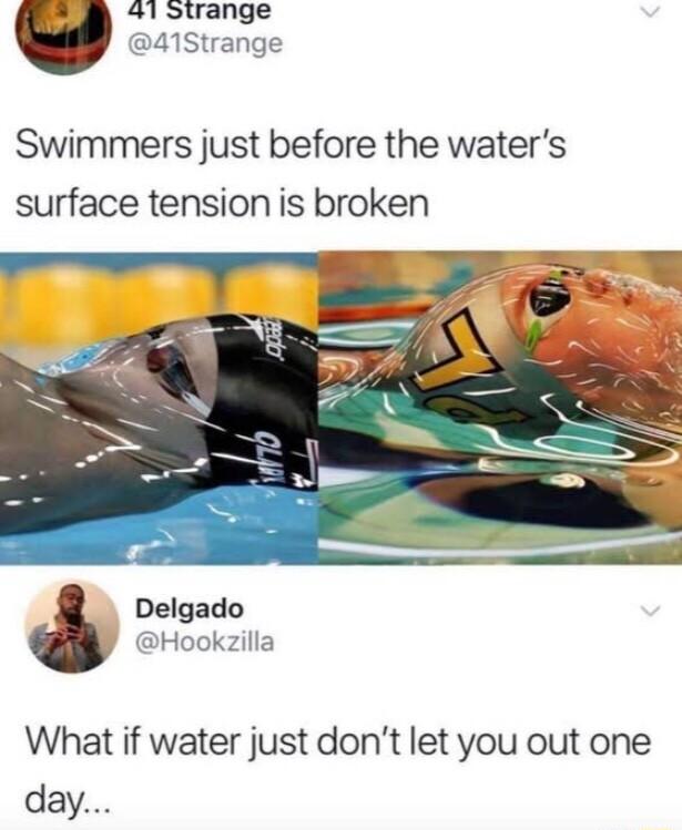 41 Strange 41Strange Swimmers just before the waters surface tension is broken Delgado Hookzilla What if water just dont let you out one day