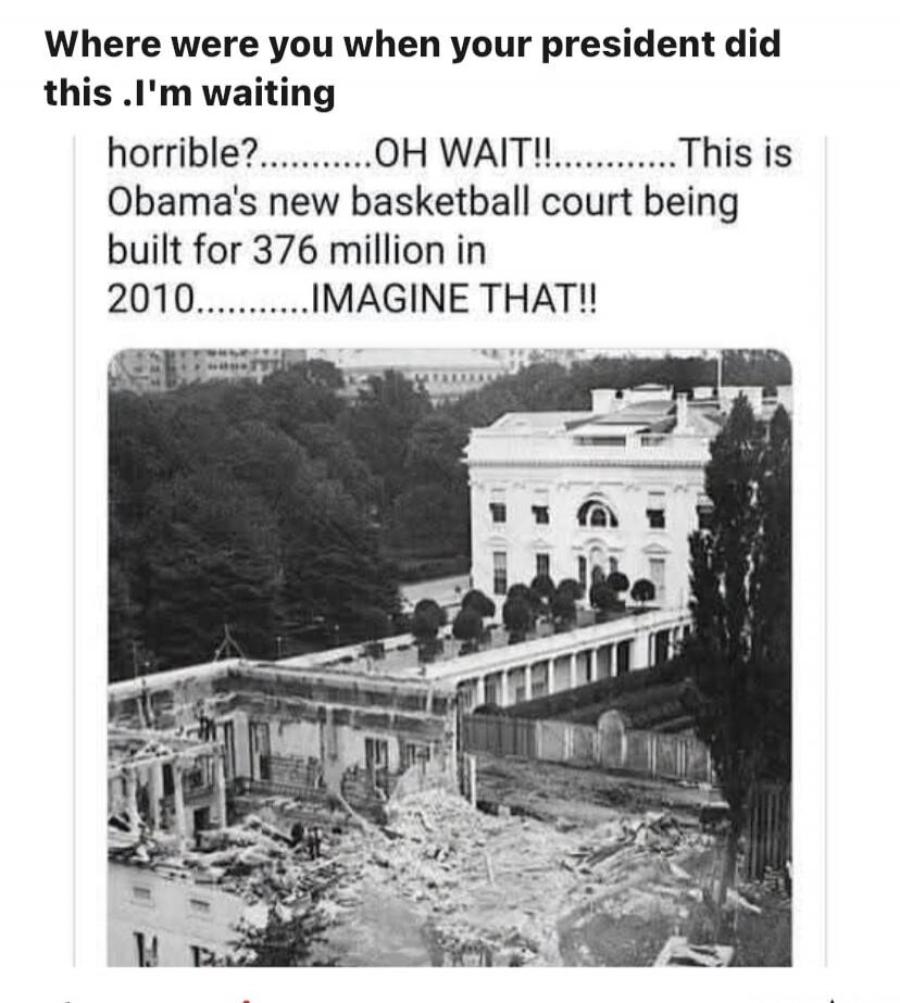 Where were you when your president did this? I'm waiting. Horrible? Oh wait! This is Obama's new basketball court being built for 376 million in 2010. Imagine that!