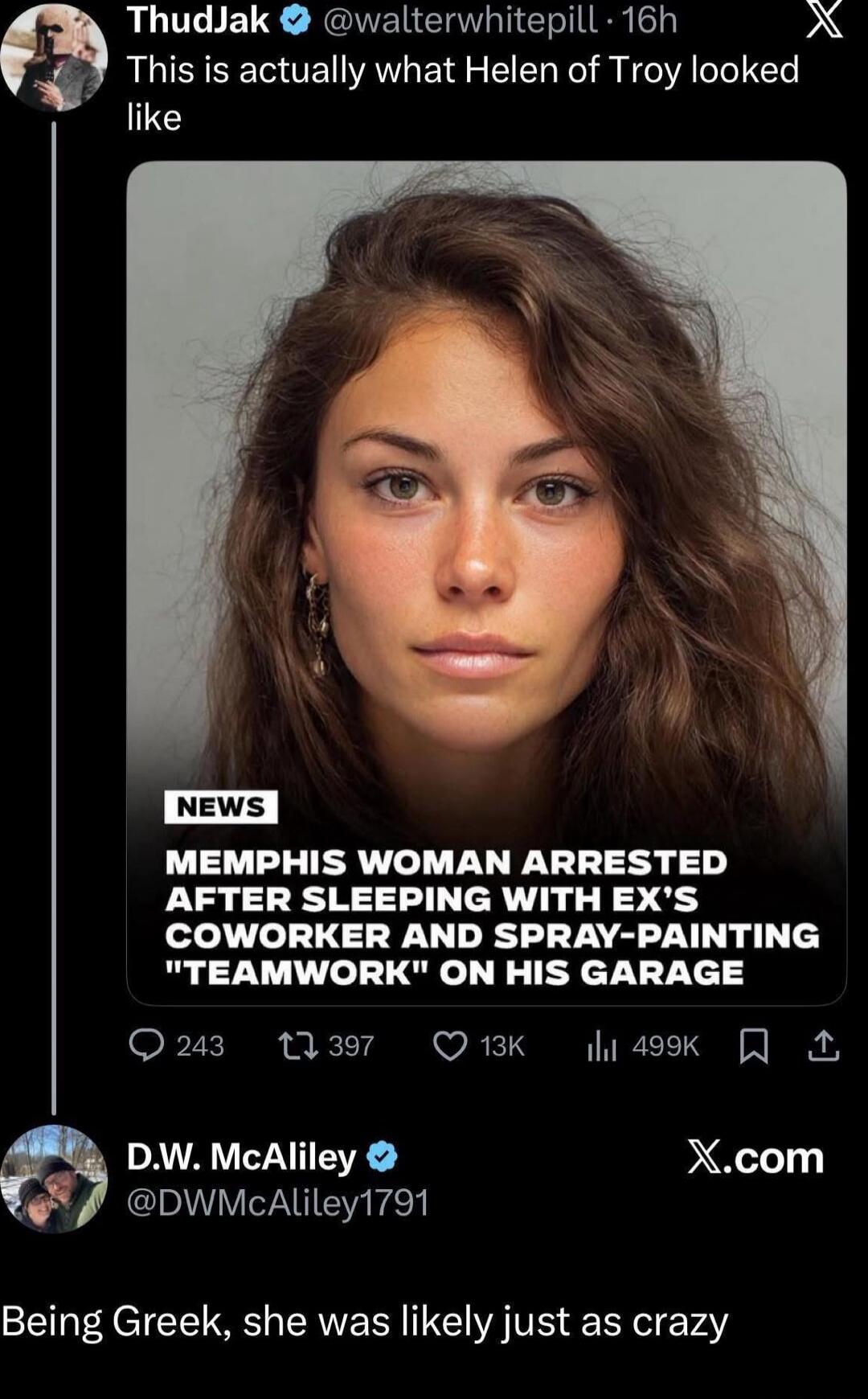 This is actually what Helen of Troy looked like
MEMPHIS WOMAN ARRESTED AFTER SLEEPING WITH EX'S COWORKER AND SPRAY-PAINTING 'TEAMWORK' ON HIS GARAGE
Being Greek, she was likely just as crazy