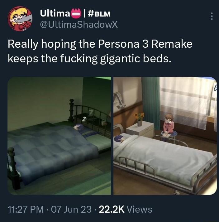 Ultima 8Lm UltimaShadowX Really hoping the Persona 3 Remake keeps the fucking gigantic beds 1127 PM 07 Jun 23 222K Views