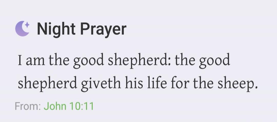 Night Prayer. I am the good shepherd: the good shepherd giveth his life for the sheep. From: John 10:11