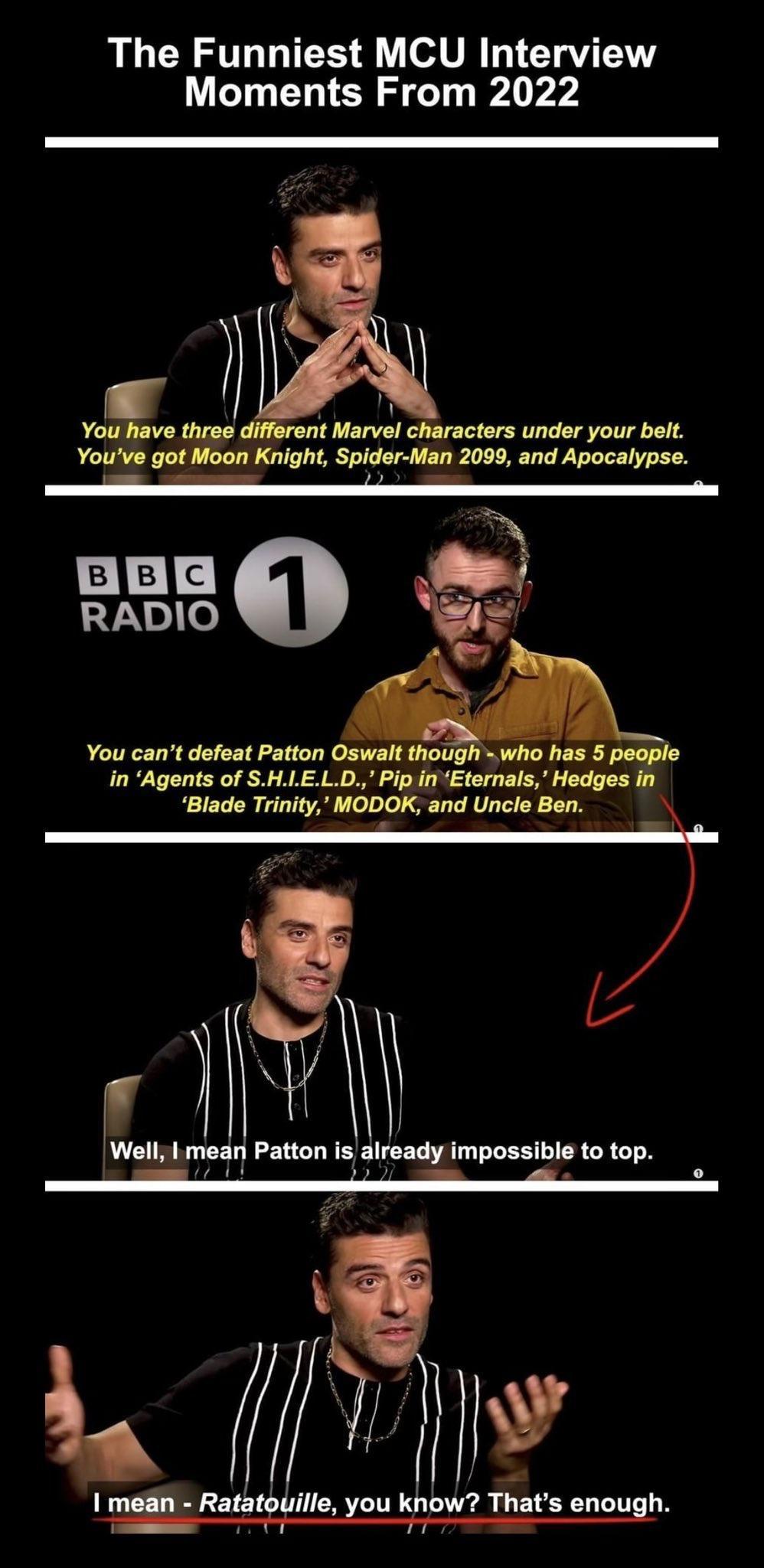 The Funniest MCU Interview Moments From 2022 T sy A Youve got Moon Knight Spider Man 2099 and Apocalypse il Well mean Patton is already impossible to top v A 79 1 Ratatouille you know Thats enough