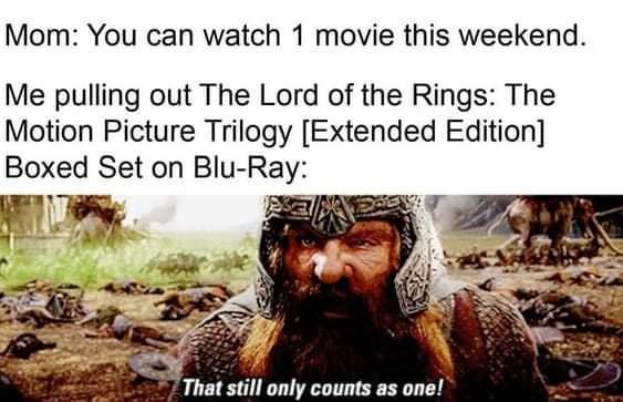 Mom You can watch 1 movie this weekend Me pulling out The Lord of the Rings The Motion Picture Trilogy Extended Edition Boxed Set on Blu Ray 7 That still only counts as onel