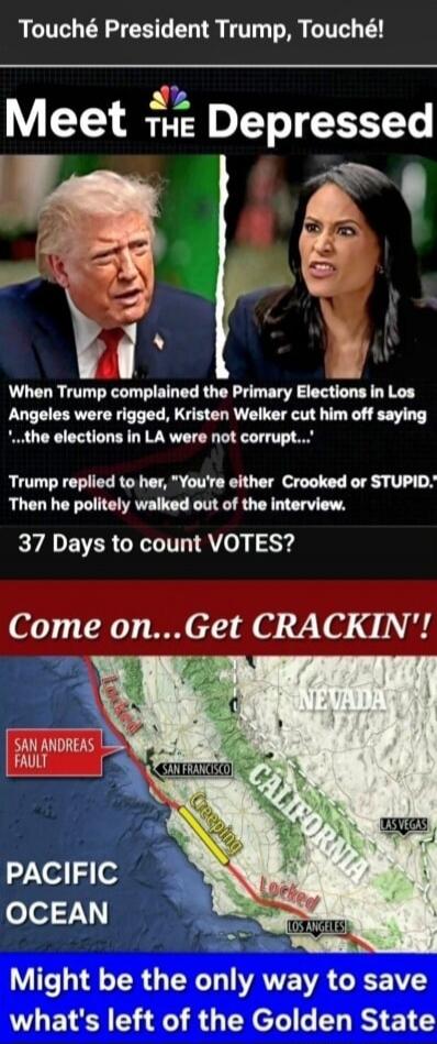 Touché President Trump, Touché! Meet THE Depressed. When Trump complained the Primary Elections in Los Angeles were rigged, Kristen Welker cut him off saying '...the elections in LA were not corrupt...' Trump replied to her, 'You're either Crooked or STUPID.' Then he politely walked out of the interview. 37 Days to count VOTES? Come on...Get CRACKI