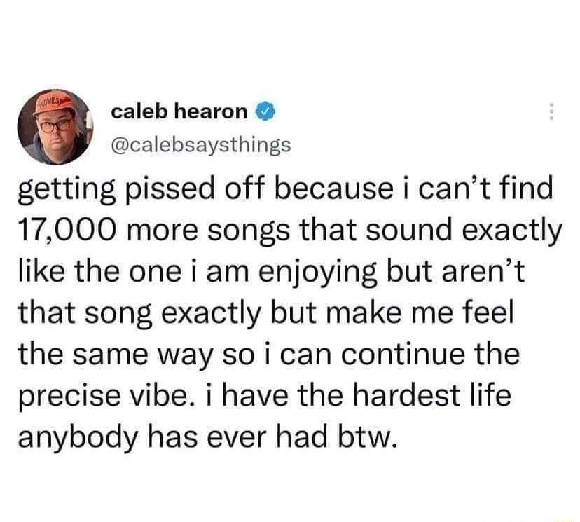 caleb hearon calebsaysthings getting pissed off because i cant find 17000 more songs that sound exactly like the one i am enjoying but arent that song exactly but make me feel the same way so i can continue the precise vibe i have the hardest life anybody has ever had btw