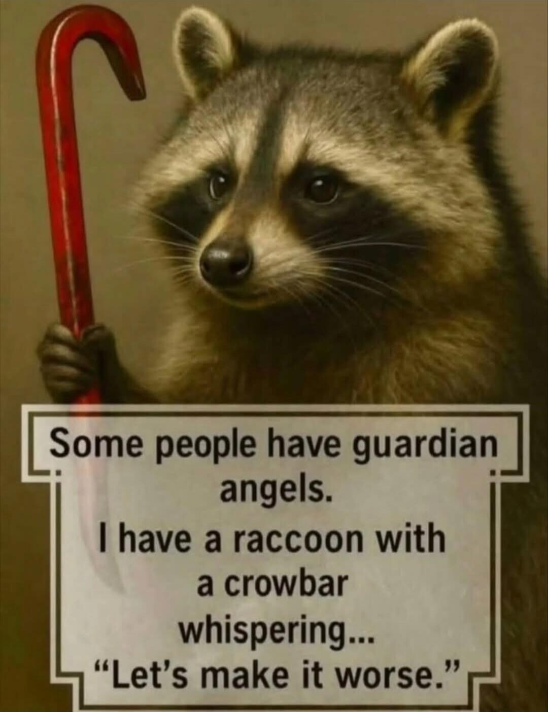 Some people have guardian angels. I have a raccoon with a crowbar whispering... 