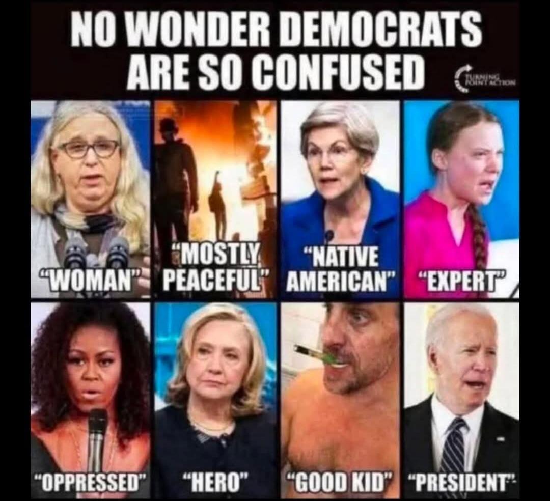 NO WONDER DEMOCRATS ARE SO CONFUSED. WOMAN. MOSTLY PEACEFUL. NATIVE AMERICAN. EXPERT. OPPRESSED. HERO. GOOD KID. PRESIDENT.