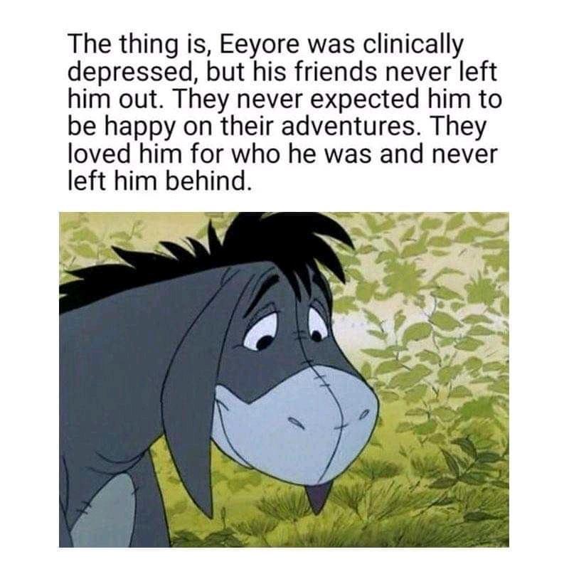 The thing is Eeyore was clinically depressed but his friends never left him out They never expected him to be happy on their adventures They loved him for who he was and never left him behind FEA