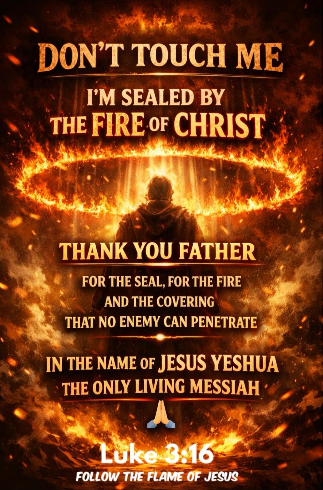 DON'T TOUCH ME I'M SEALED BY THE FIRE OF CHRIST THANK YOU FATHER FOR THE SEAL, FOR THE FIRE AND THE COVERING THAT NO ENEMY CAN PENETRATE IN THE NAME OF JESUS YESHUA THE ONLY LIVING MESSIAH Luke 3:16 FOLLOW THE FLAME OF JESUS