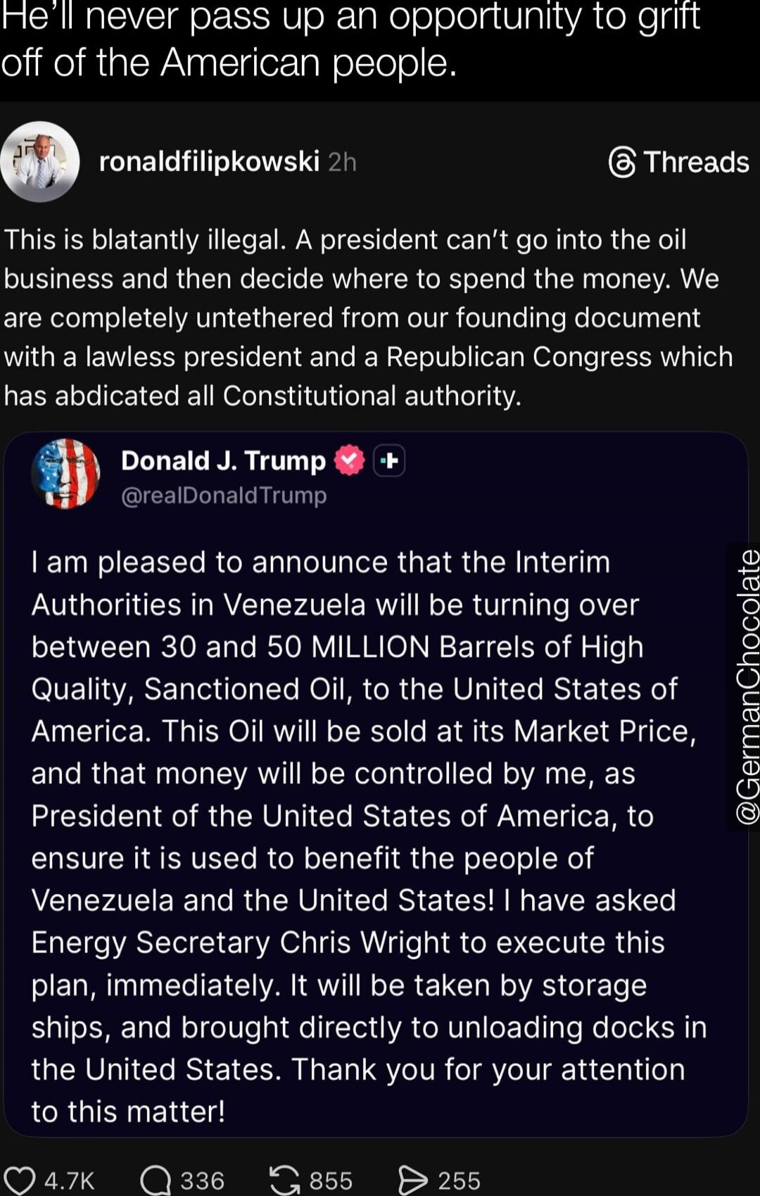 He’ll never pass up an opportunity to grift off of the American people.

ronaldf... 2h
This is blatantly illegal. A president can’t go into the oil business and then decide where to spend the money. We are completely untethered from our founding document with a lawless president and a Republican Congress which has abdicated all Constitutional autho