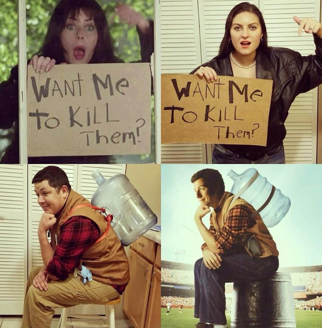 Want Me To KILL Them? A woman holding a sign. A man with a water bottle on his back, sitting and thinking. Adam Sandler as Bobby Boucher from The Waterboy.