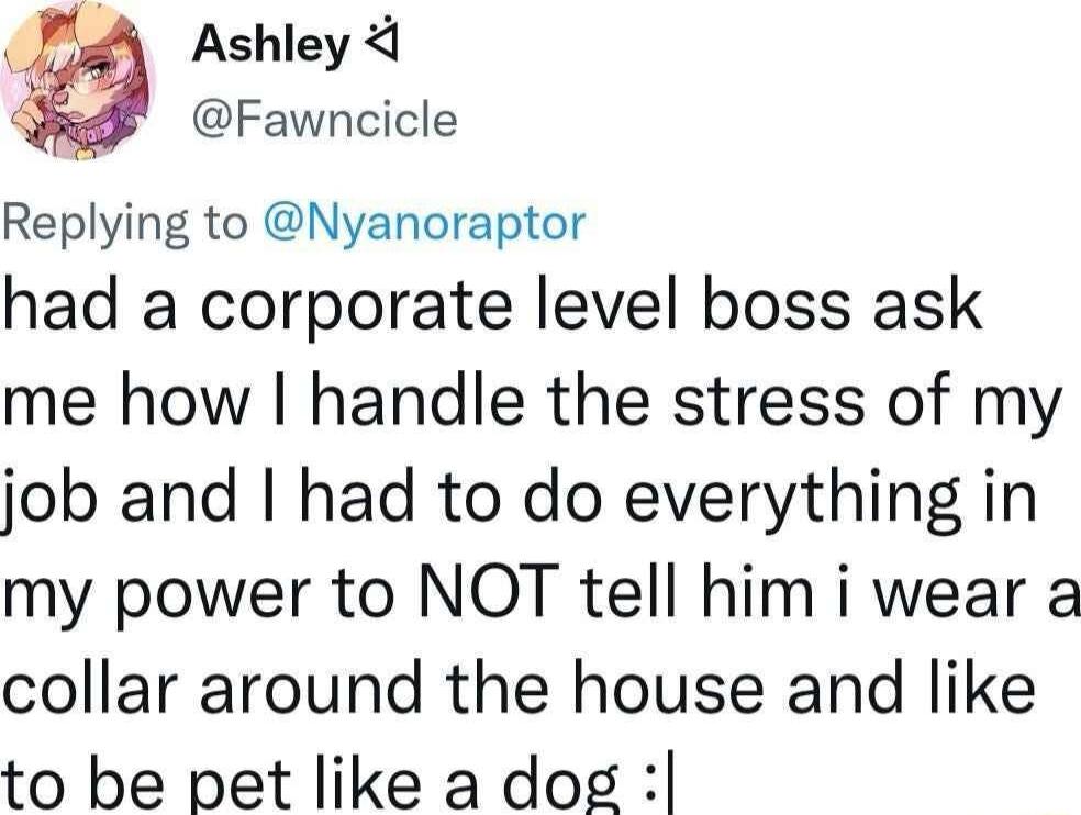 Ashley Fawncicle Replying to Nyanoraptor had a corporate level boss ask me how handle the stress of my job and had to do everything in my power to NOT tell him i wear a collar around the house and like to be pet like a dog