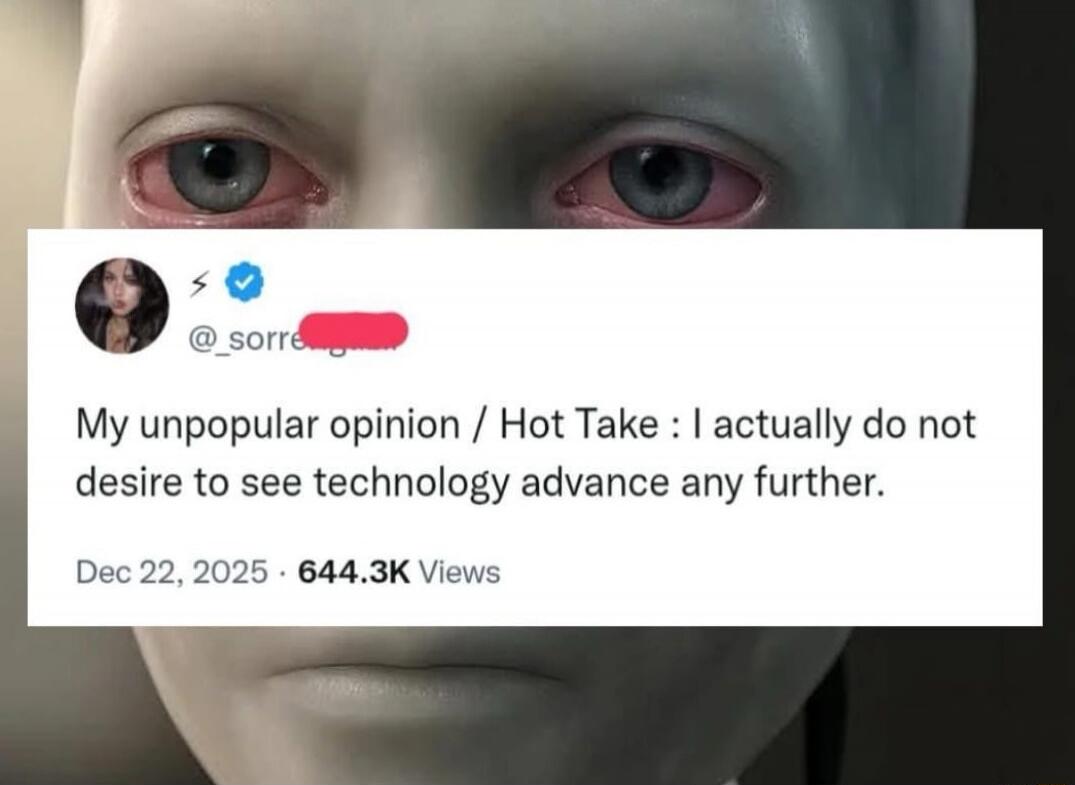 My unpopular opinion / Hot Take: I actually do not desire to see technology advance any further.