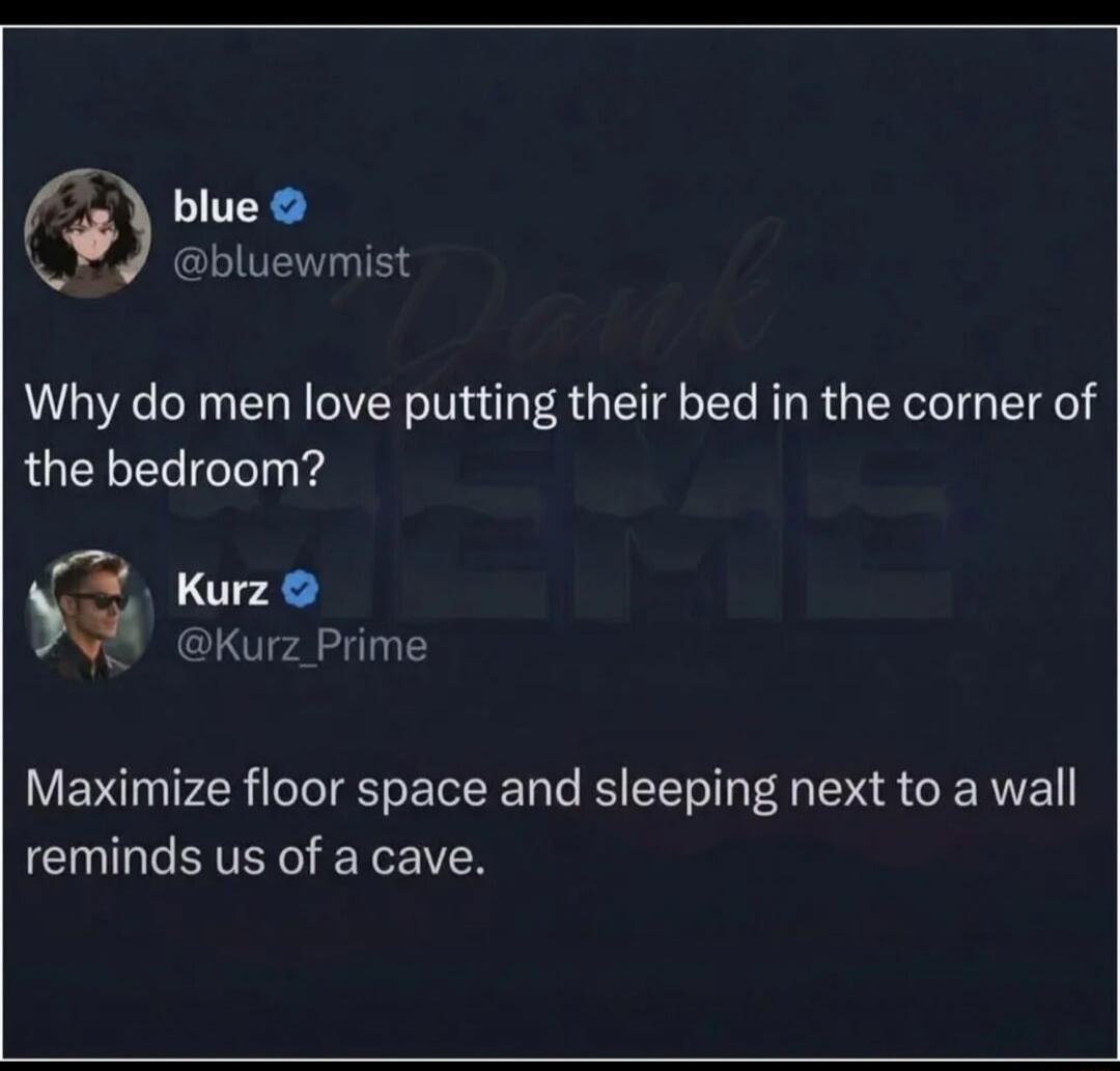 blue @bluewmist Why do men love putting their bed in the corner of the bedroom? Kurz @Kurz_Prime Maximize floor space and sleeping next to a wall reminds us of a cave.
