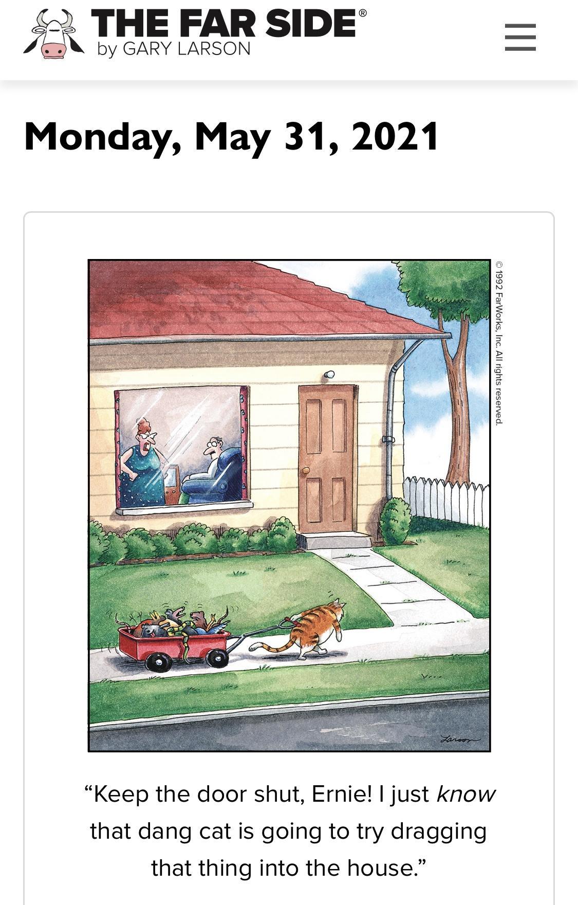s THE FAR SIDE by GARY LARSON 531 SIYBU 17 2U SIoMIed Z66L O panie Keep the door shut Ernie just know that dang cat is going to try dragging that thing into the house