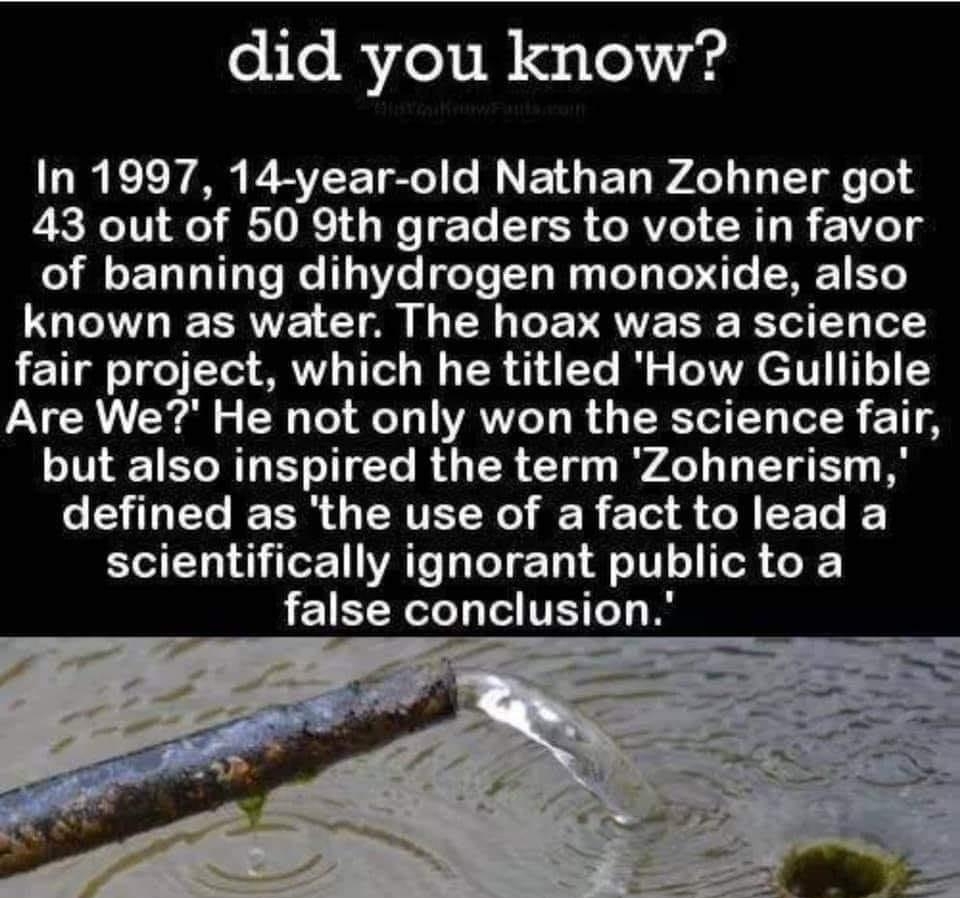 did you know In 1997 14 year old Nathan Zohner got 43 out of 50 9th graders to vote in favor o1 o ETa T TTaTe We 1 437 eTe 13 W4 ToT s ToliqTe WF 1 EYo T R ERVVE T I T To F PRV R Lol Tg o fair project which he titled How Gullible Are We He not only won the science fair T ETRT BT o Tt RU TR Gl WAL CIa Bl S GG R G ERTEE R R T R CETo I S TOE AT iTeT Tl A o 1V o T o3 1 ETEReTe T Tl TEY o