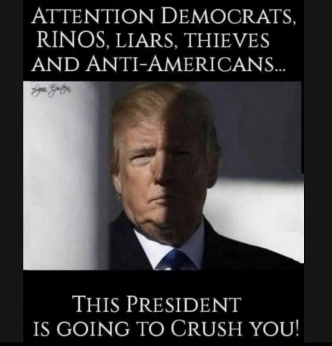 ATTENTION DEMOCRATS, RINOS, LIARS, THIEVES AND ANTI-AMERICANS... THIS PRESIDENT IS GOING TO CRUSH YOU!
