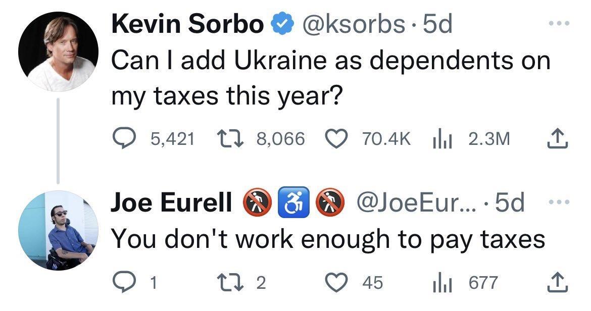 Kevin Sorbo ksorbs 5d Can add Ukraine as dependents on my taxes this year 5421 17 8066 Q 704K y 23v A Joe Eurell E JoeEur 5d You dont work enough to pay taxes Q1 2 Qs e