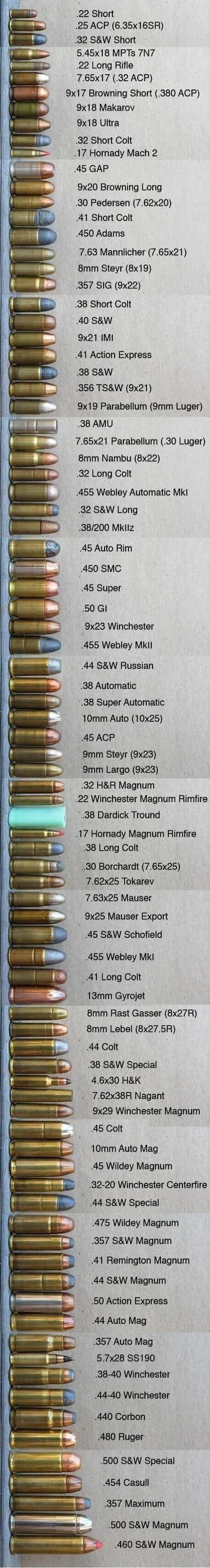A detailed visual comparison of various bullet cartridges, showcasing a wide range of calibers and types, from small rimfire rounds like .22 Short and .22 Long Rifle to larger handgun and rifle cartridges such as .45 ACP, 9x19 Parabellum, .44 S&W Magnum, and .500 S&W Magnum. Each cartridge is clearly labeled with its specific designation.