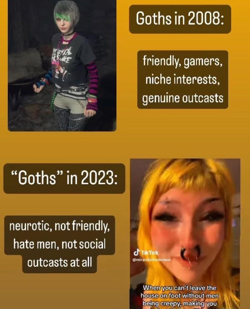w Bothsin 2008 W friendly gamers 5 niche interests v A i 2 5 M genuine outcasts Goths in 2023 neurotic not friendly hate men not social AL LIGENRE Woenliou cantieave the nESEn oot withoul me BBingcreepy maKkingyo